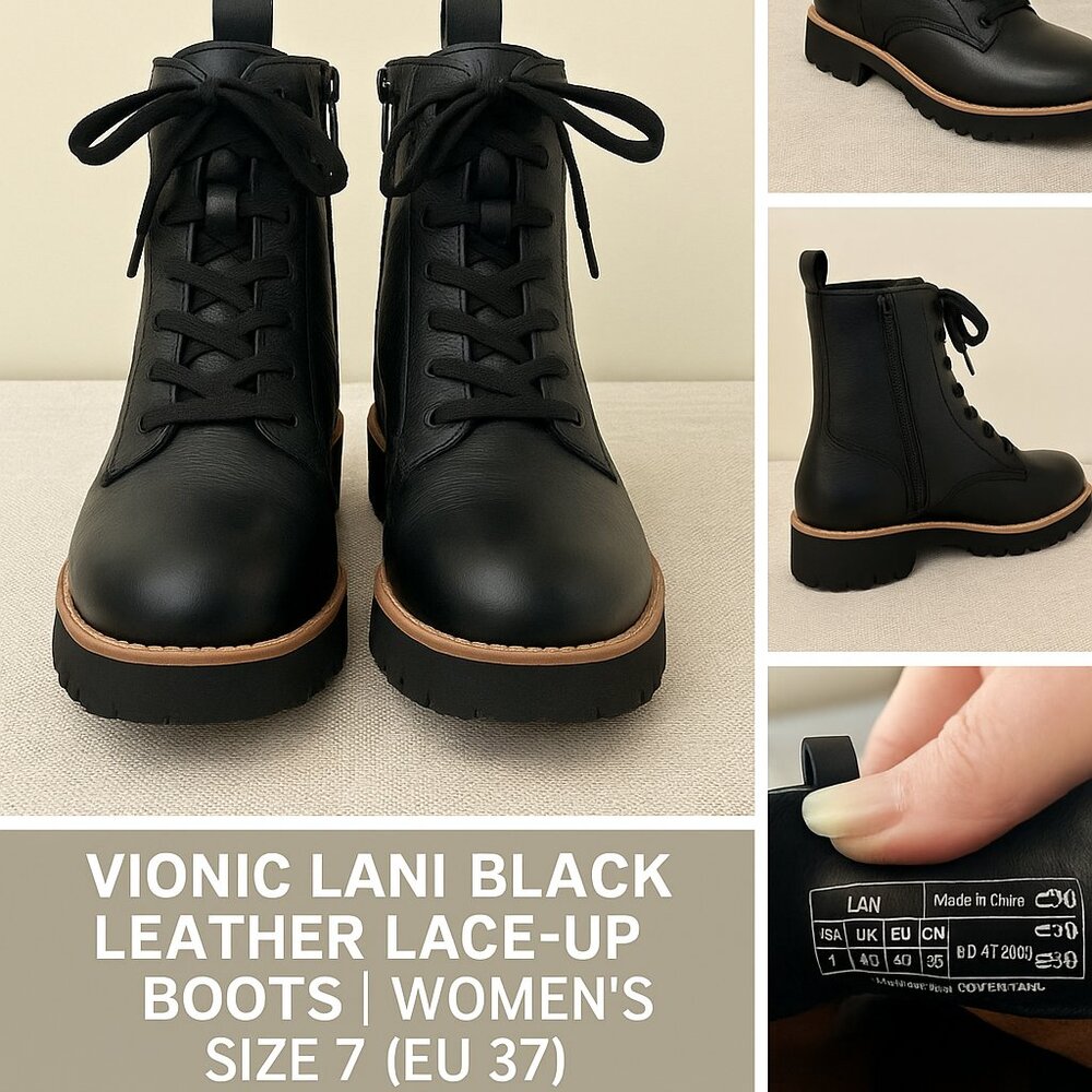 Vionic Lani  Combat  Black Leather Lace-Up Boots | Women’s Size 7 (EU 37) - Picture 4 of 4